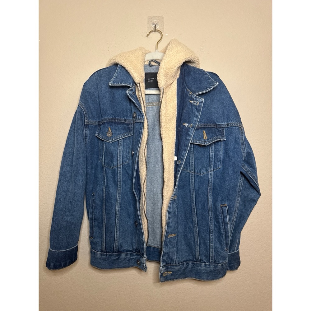 Zara Sherpa Lined Hooded Jean Jacket Size Small Unisex